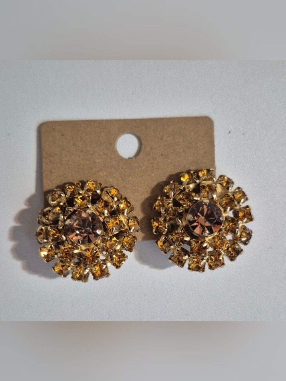 Antique Rhinstone Cluster Earrings Clip On Yellow & Gold Colored